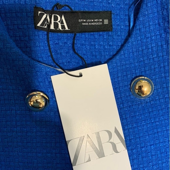 Zara Women Blue High Neck Double Breasted Textured Tailored Cotton Blazer Size M - Picture 14 of 17